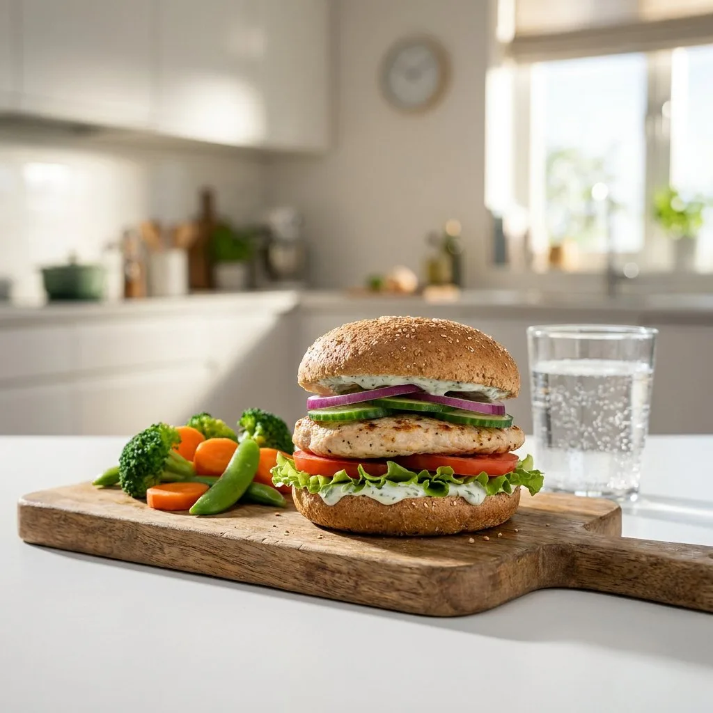 Nahaufnahme eines kalorienarmen Burgers auf Holzbrett: Vollkorn-Bun, mageres Patty, viel Gemüse, Joghurt-Sauce; Tageslicht in moderner Küche.