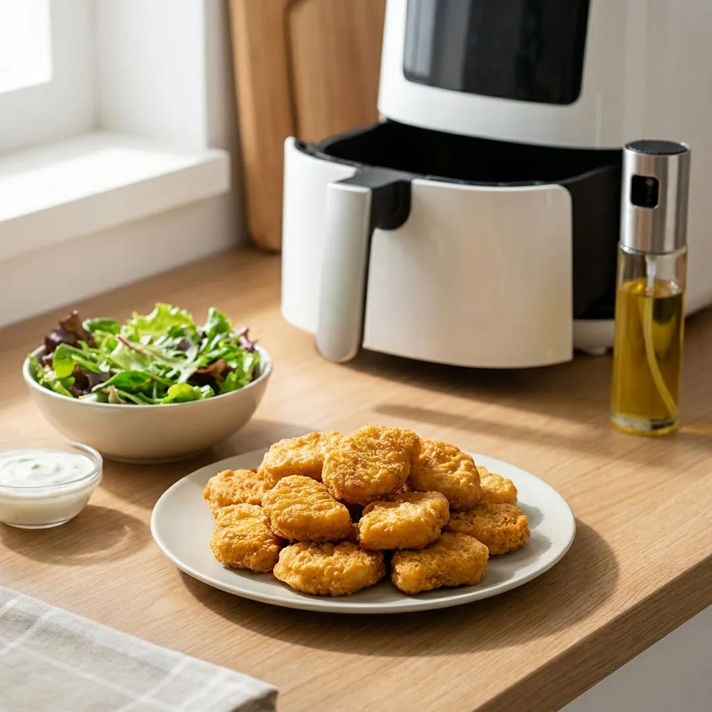 Goldbraune, kalorienarme Chicken Nuggets auf einem Teller mit Blattsalat und Joghurt-Dip; im Hintergrund ein geöffneter Airfryer auf einer Küchenarbeitsplatte.