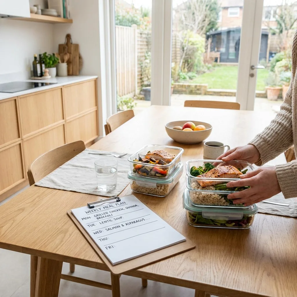 Aufgeräumter Küchentisch mit proteinreichen Meal-Prep-Schalen, frischem Gemüse, Notizblock mit Wochenplan und natürlichem Morgenlicht.