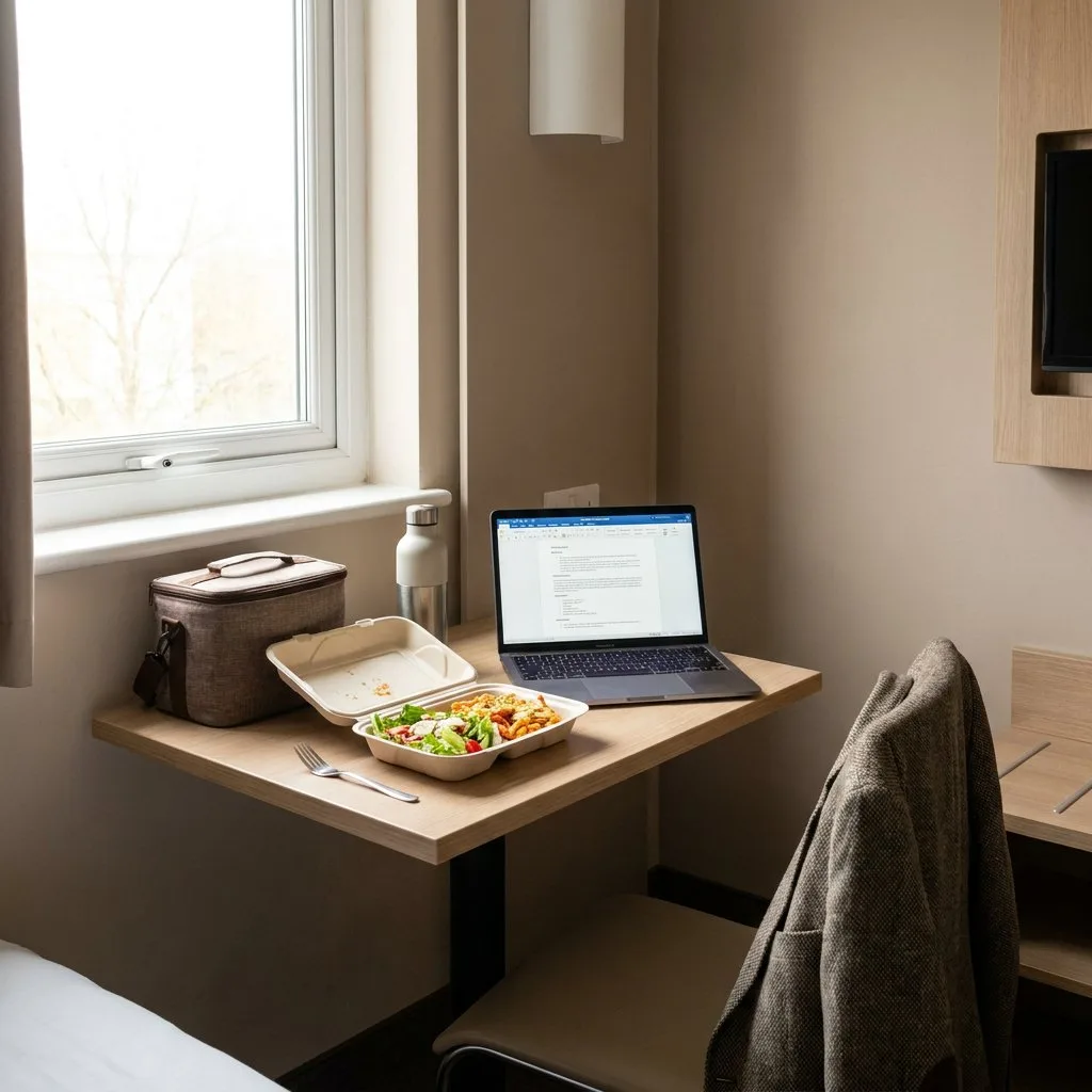 Praktische fertige Mahlzeit in einer geöffneten Schale auf kleinem Tisch im Hotelzimmer, daneben Kühltasche, Wasserflasche und Laptop.