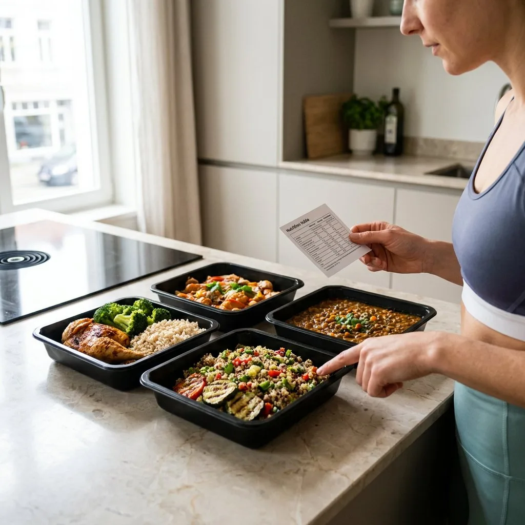 Geöffnete gesunde Fertiggerichte mit Gemüse, Hähnchen und Reis auf heller Küchenarbeitsplatte, daneben Nährwertetiketten und sportliche Lunch-Szene.