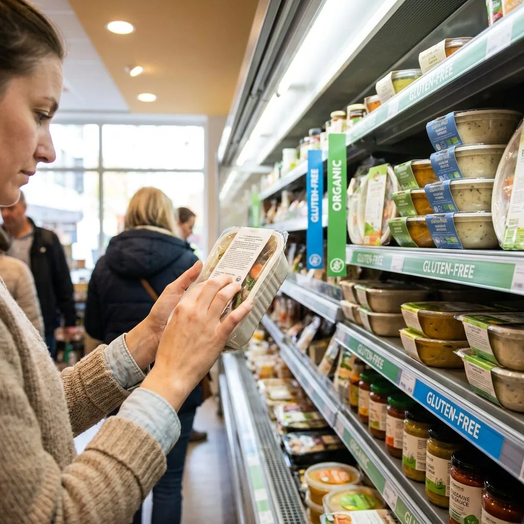 Person prüft im Supermarkt die Zutatenliste einer Fertigmahlzeit, neben klar sichtbaren glutenfrei gekennzeichneten Verpackungen im Kühlregal.
