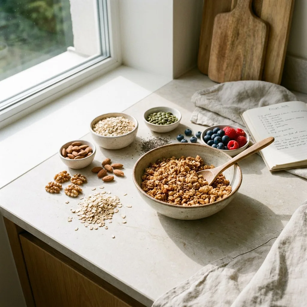 Frisch gebackenes kalorienarmes Granola in einer Schale auf heller Küchenplatte, mit Haferflocken, Nüssen, Beeren und einem Löffel daneben.