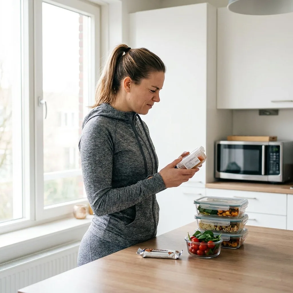 Junge aktive Frau prüft in einer hellen europäischen Küche die Nährwerte eines Mikrowellengerichts neben Protein-Snacks und frischen Zutaten.