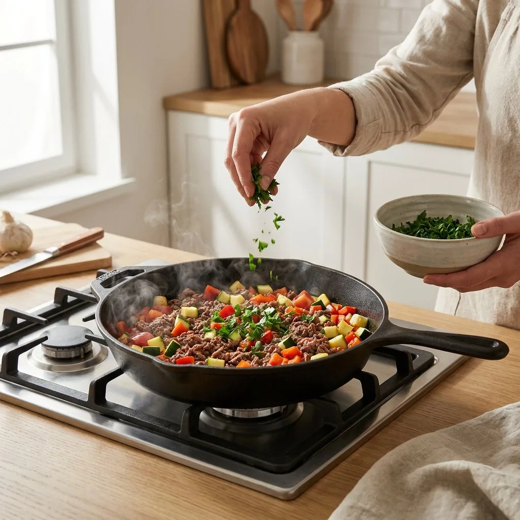 Pfanne mit magerem Hackfleisch, Zucchini, Paprika und Tomaten auf heller Küchenarbeitsplatte; aufsteigender Dampf, daneben Schalen und Boxen, Hand streut Petersilie.