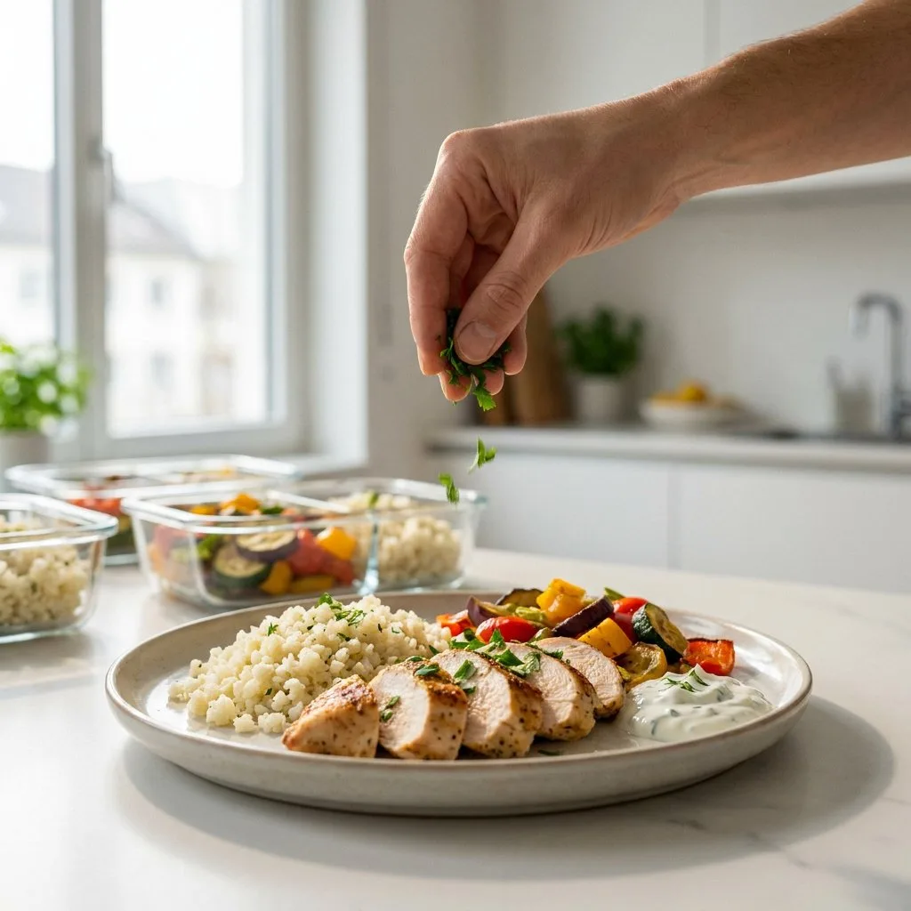 Saftig gegrillte Hähnchenbrust auf Blumenkohlreis mit buntem Gemüse, Joghurtdip und Zitronenspalte; Hand streut Kräuter, helle Küche, natürliches Tageslicht.