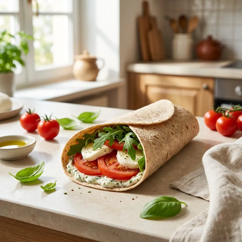 Frisch aufgeschnittener Caprese-Wrap mit Tomaten, Rucola und Mozzarella auf hellem Küchentisch, daneben Zutaten für eine schnelle High-Protein-Mahlzeit.