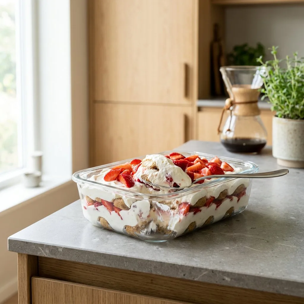 Cremiges Erdbeer-Tiramisu im Glas mit Skyr und Quark auf heller Küchenplatte, garniert mit frischen Erdbeeren und Löffelbiskuit.