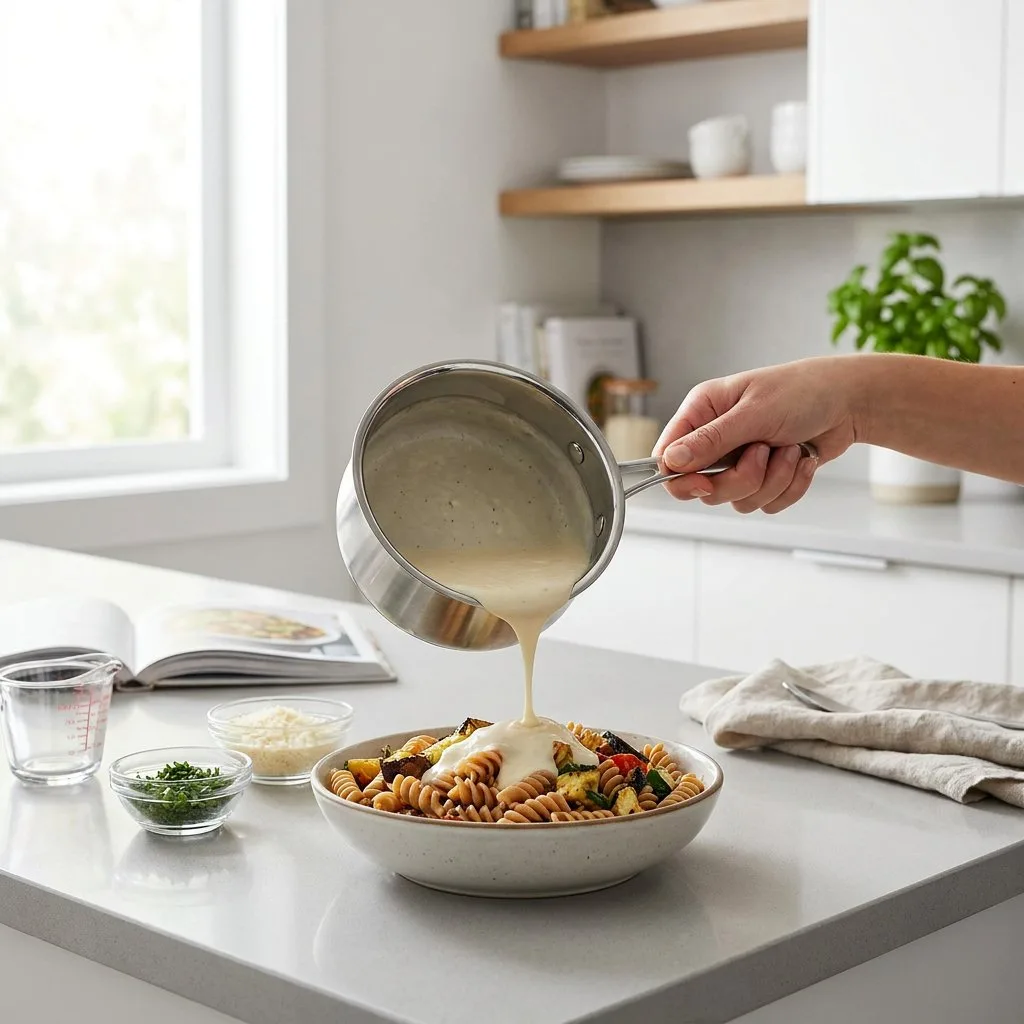 Cremige kalorienarme Käsesauce wird über Pasta gegossen, daneben frische Zutaten in einer hellen modernen Küche mit natürlichem Tageslicht.
