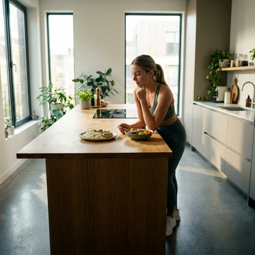 Junge Frau in heller europäischer Küche wählt zwischen Low-Carb-Blumenkohlreis mit Hähnchen und einem kalorienarmen Bowl mit Getreide, Laptop und Wasser daneben.