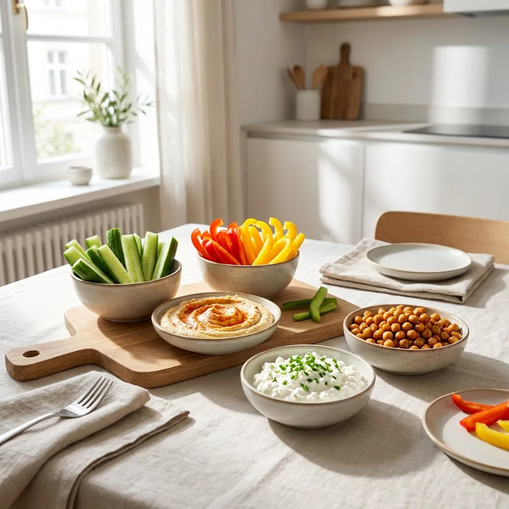 Kleine Schalen mit Gurkensticks, Hummus, gerösteten Kichererbsen und Paprika auf hellem Küchentisch, natürliches Tageslicht von der Seite.