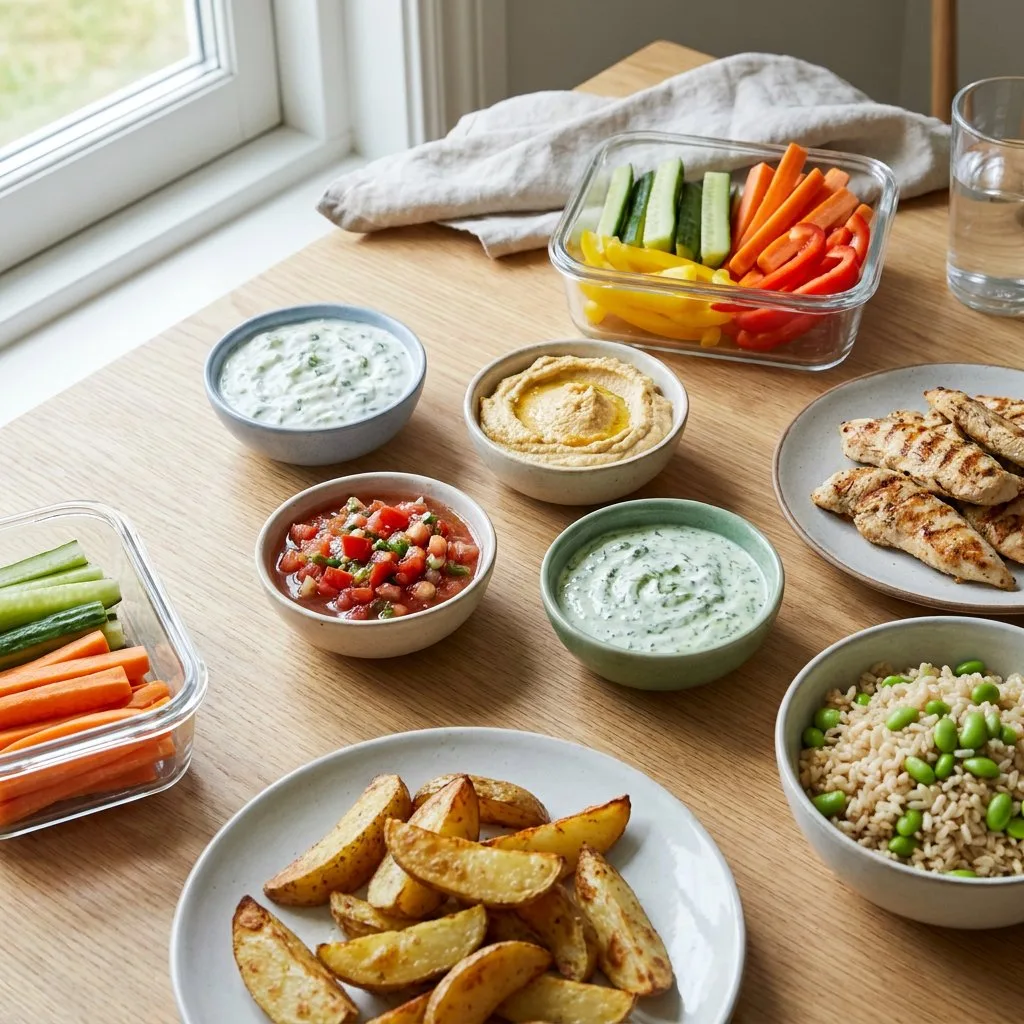 Kleine Schalen mit leichten Saucen und Dips stehen neben Gemüsesticks, Ofenkartoffeln und einer Protein-Bowl auf einem hellen Küchentisch.