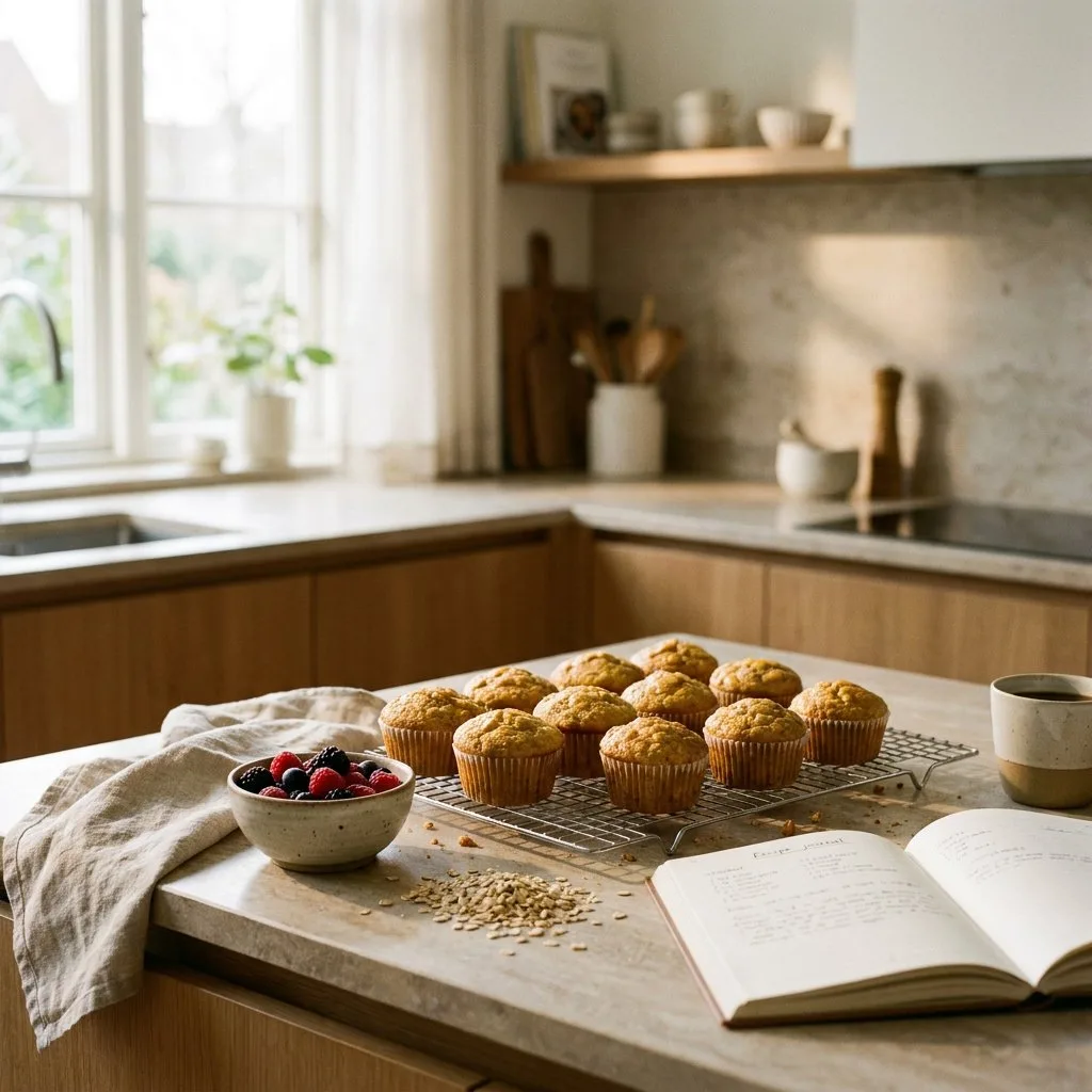 Frisch gebackene kalorienarme Muffins auf einem Kuchengitter in heller Küche, daneben Beeren, Haferflocken und eine Tasse Kaffee.