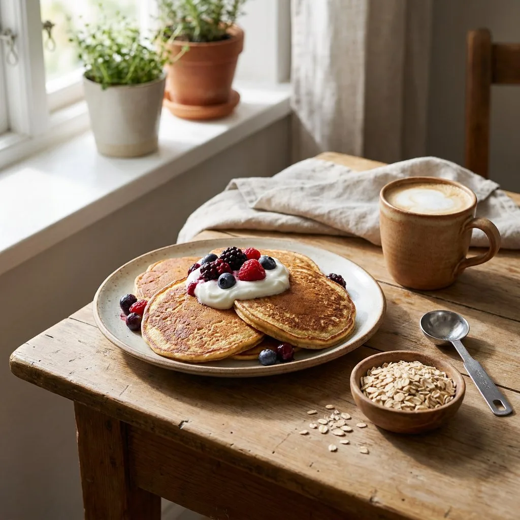 Stapel kalorienarmer Protein Pancakes mit Skyr und frischen Beeren auf hellem Küchentisch, natürliches Morgenlicht, cleanes Food-Editorial.