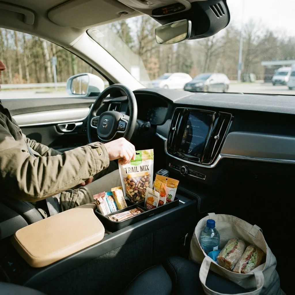 Proteinreiche Reisesnacks wie Nüsse, Riegel und Beef Jerky liegen griffbereit in der Mittelkonsole eines Autos bei Tageslicht.
