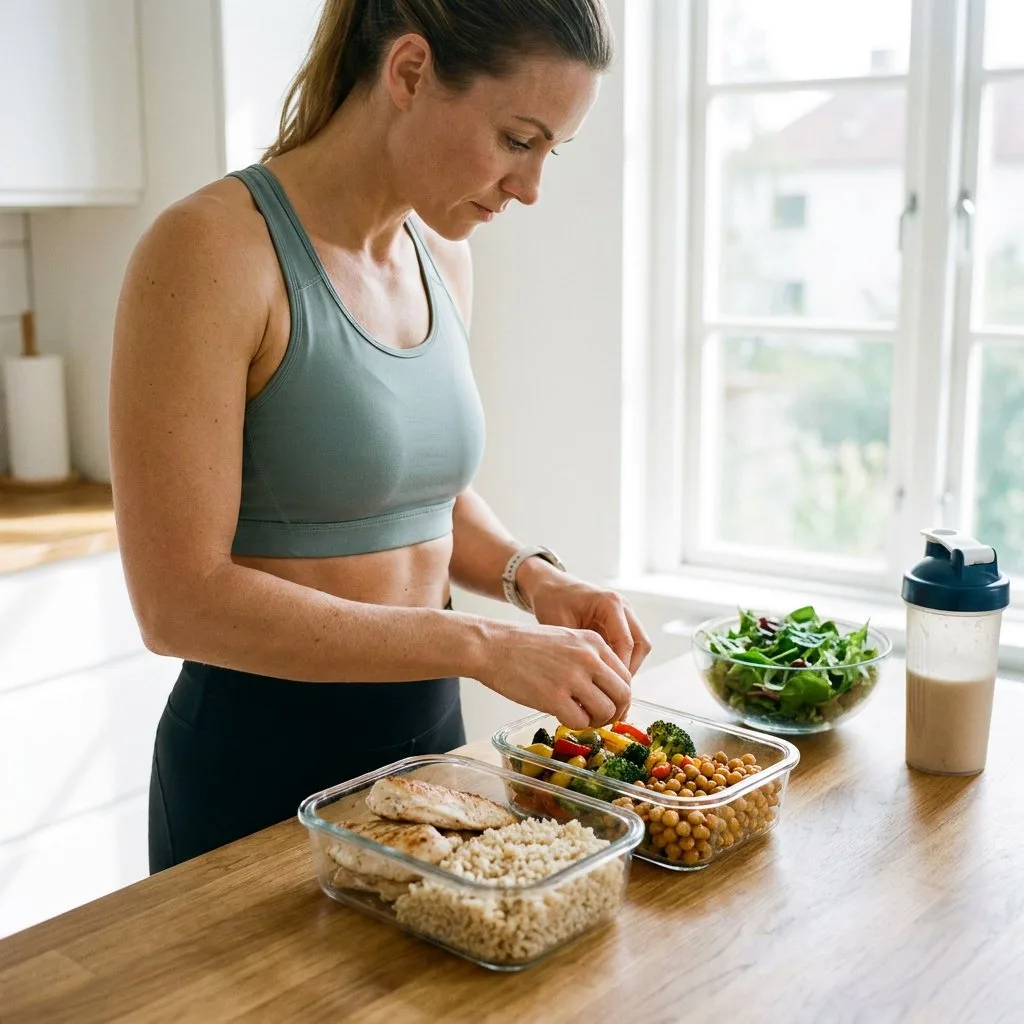 Sportliche Person richtet in heller europäischer Küche eine proteinreiche Bowl mit Hähnchen, Reis und Gemüse für eine ausgewogene Mahlzeit an.