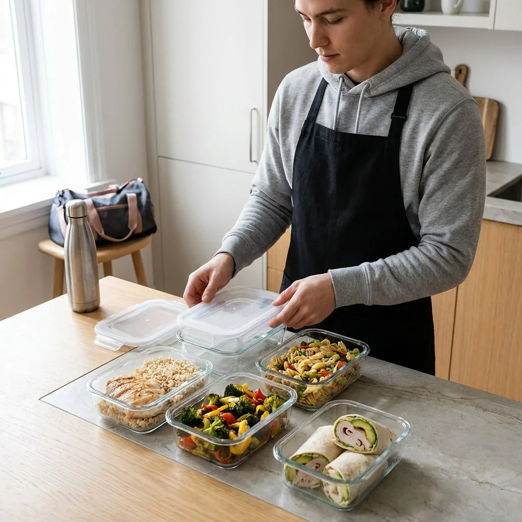 Mehrere proteinreiche Meal-Prep-Mittagessen in Glasboxen mit Hähnchen, Reis, Gemüse und Wrap auf heller Küchenarbeitsplatte im Tageslicht.