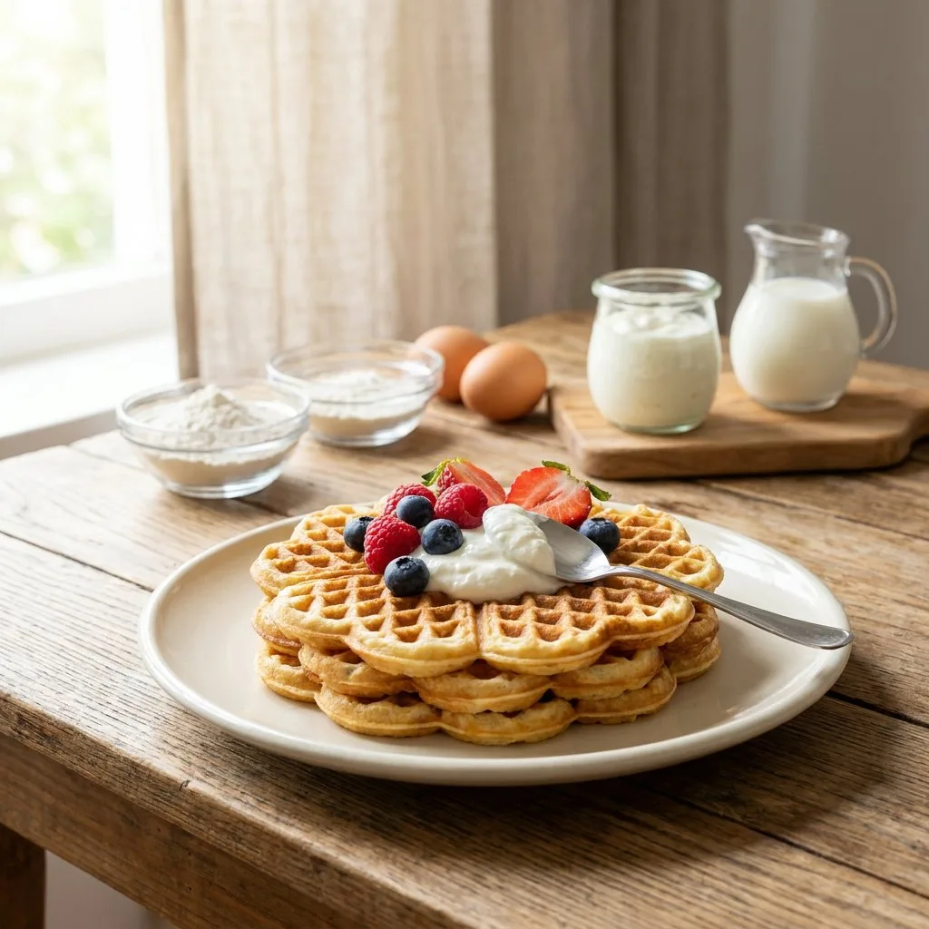 Goldbraune Quark-Waffeln auf hellem Keramikteller mit Quark, Beeren und Puderzucker auf einem natürlichen Frühstückstisch im Morgenlicht.
