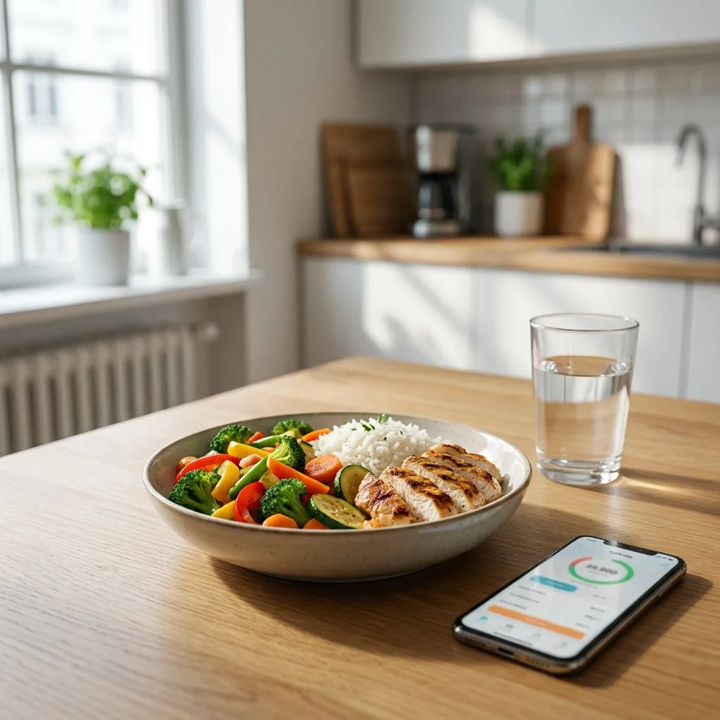 In einer hellen Küche steht eine leichte Schüssel mit wenig Basmatireis, viel buntem Gemüse und gegrilltem Hähnchen; daneben Wasser und eine Kalorien-App.