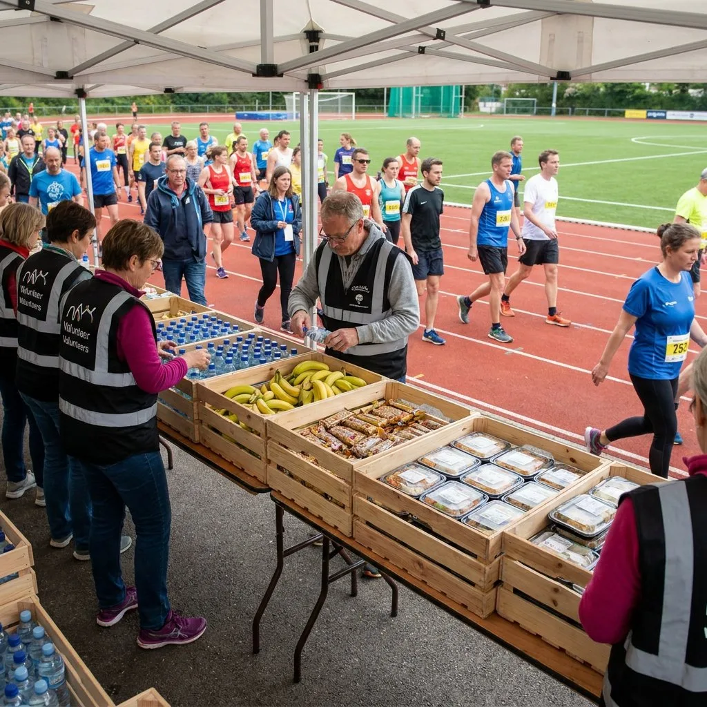 Organisierte Verpflegungsstation bei einem Sportevent mit Wasser, Obst, verpackten Mahlzeiten und Helfern auf einem europäischen Sportplatz.