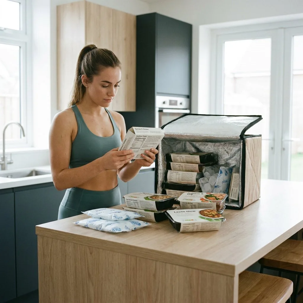 Geöffnete Gefrierbox mit verpackten Fitness-Mahlzeiten, Nährwertangaben und Liefermaterial auf einer hellen Kücheninsel im Tageslicht.