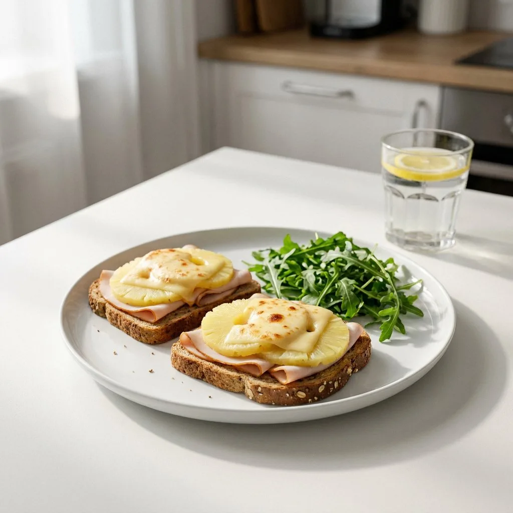 Zwei Toast Hawaii auf Vollkornbrot mit Putenaufschnitt, Ananas und goldbraun geschmolzenem Light-Käse; dazu Rucolasalat und Zitronenwasser im hellen Tageslicht.