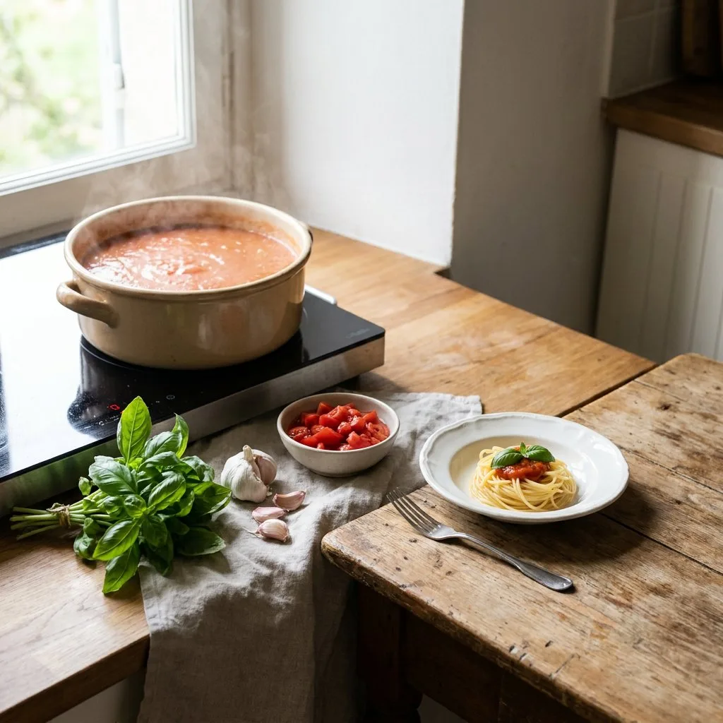 Frische kalorienarme Tomatensauce köchelt in einem Topf auf dem Herd, daneben Kräuter, Knoblauch und eine kleine Portion Pasta in heller Küche.