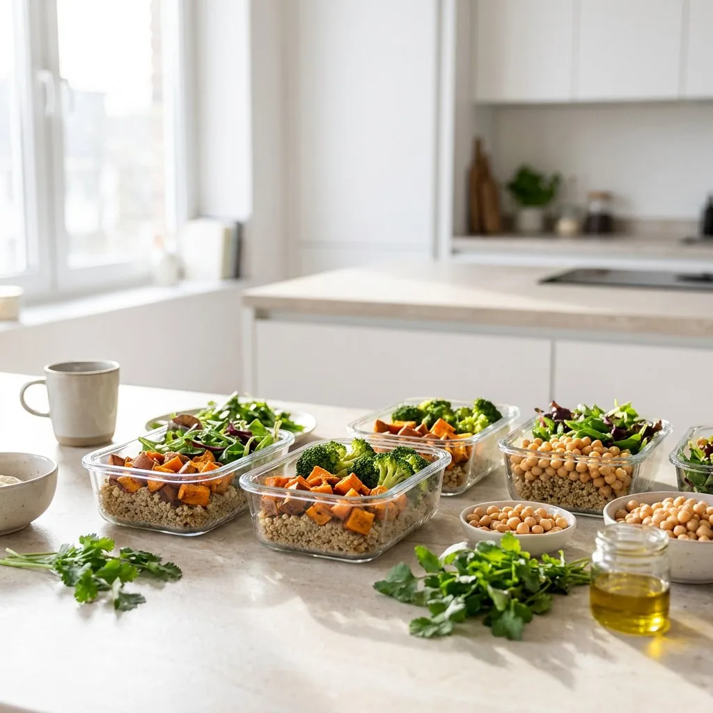 Frische vegane Meal-Prep-Schalen mit Kichererbsen, Quinoa und Gemüse stehen auf einer hellen Küchenarbeitsplatte neben Zutaten.