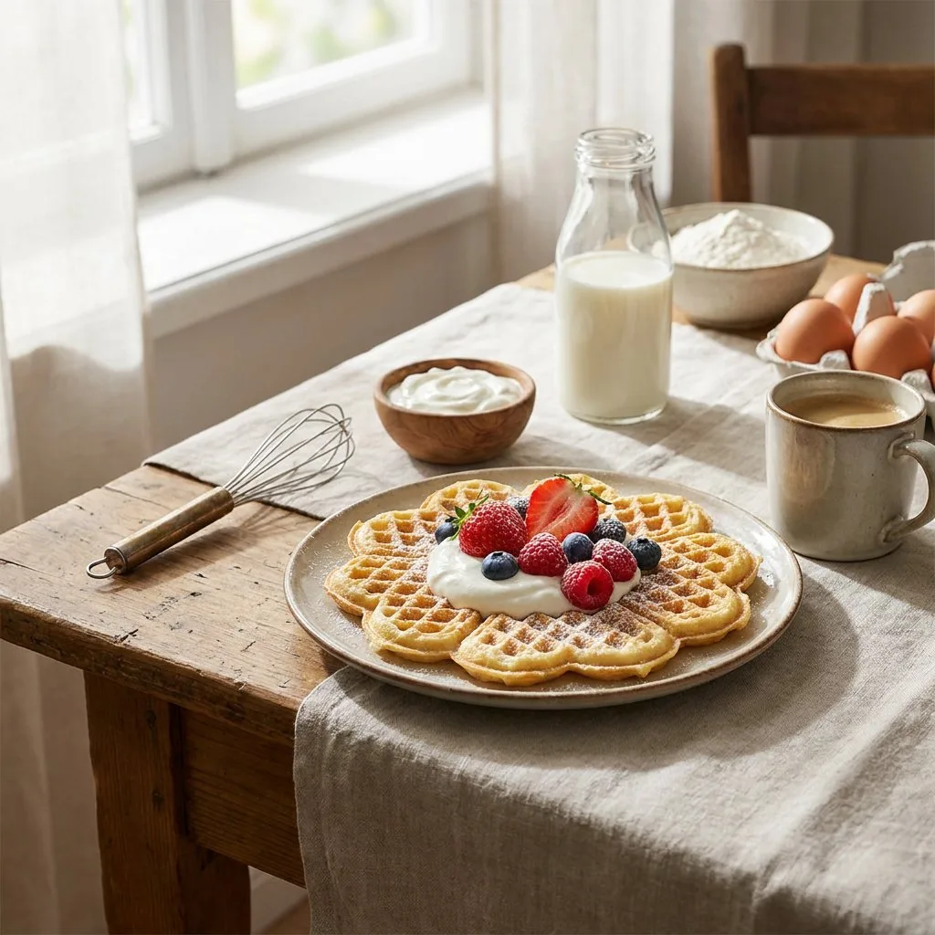 Goldbraune kalorienarme Waffeln mit Skyr und frischen Beeren auf einem hellen Frühstückstisch, natürliches Morgenlicht, ruhige Food-Editorial-Stimmung.