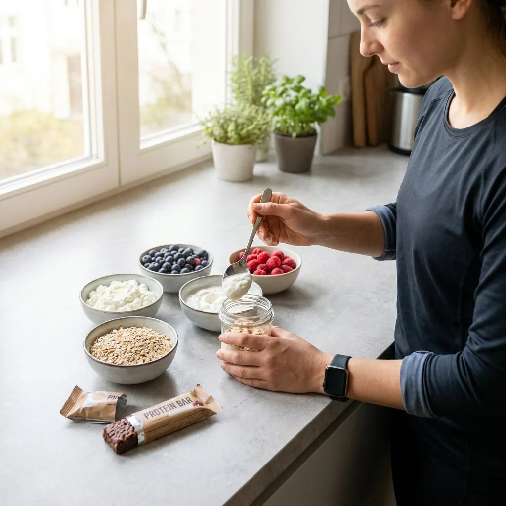 Proteinreicher Snack auf heller Küchenarbeitsplatte mit Skyr, Quark, Haferflocken, Beeren und Riegel, daneben eine aktive Person beim Portionieren.