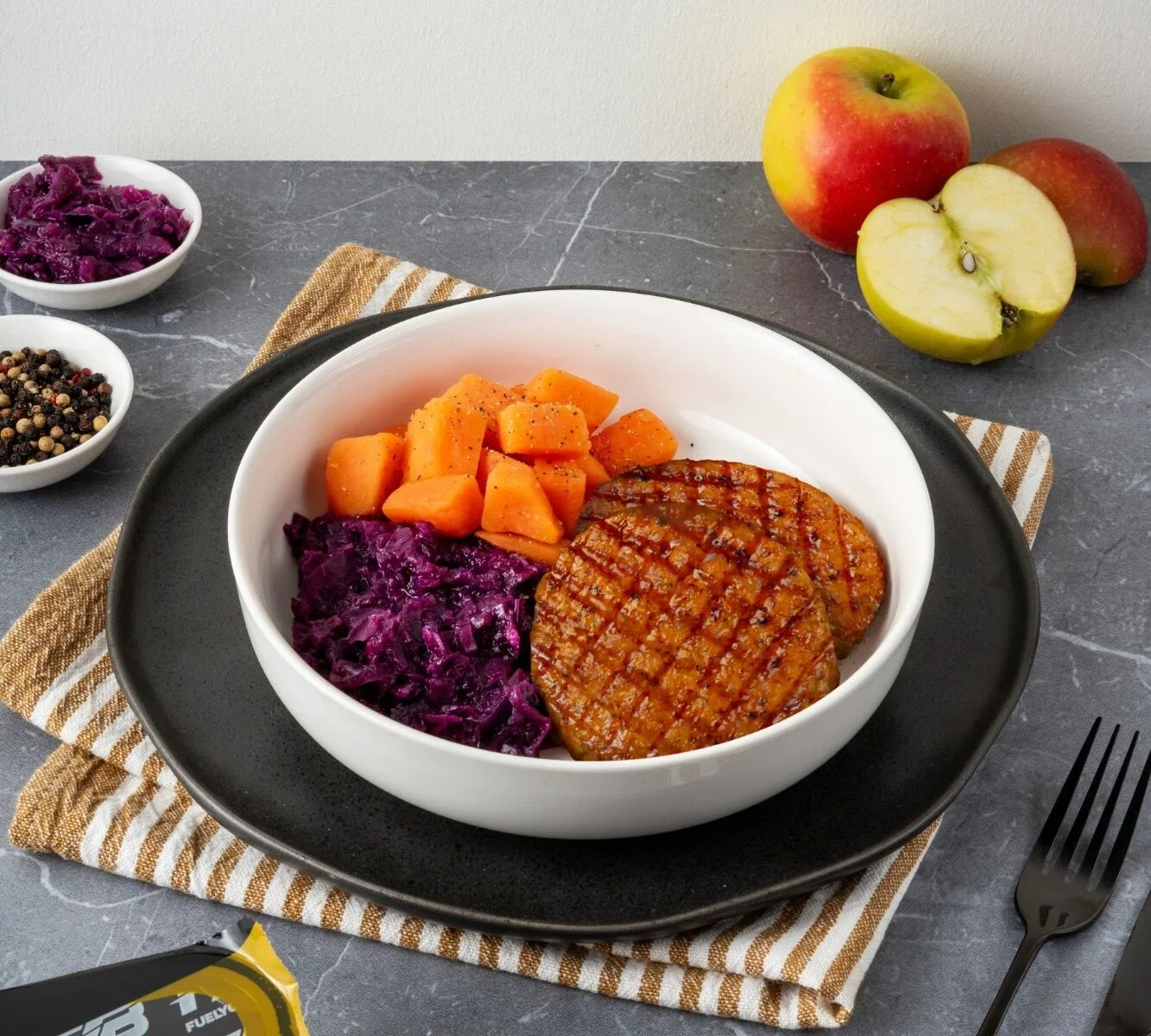 Sweet Potato Chunks - Chicken Burger - Red Cabbage with Apple (with herbs)