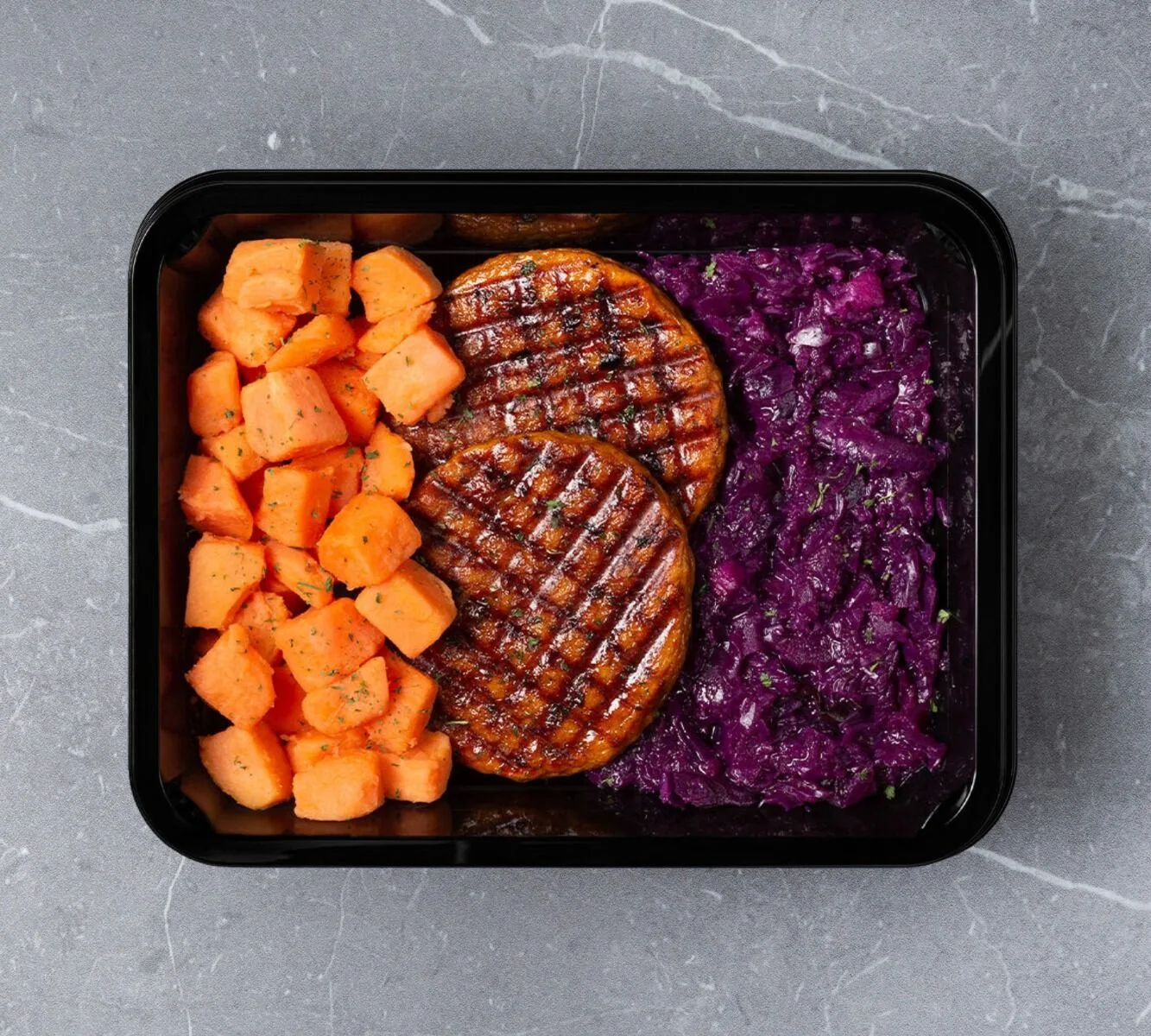 Sweet Potato Chunks - Chicken Burger - Red Cabbage with Apple (with herbs)
