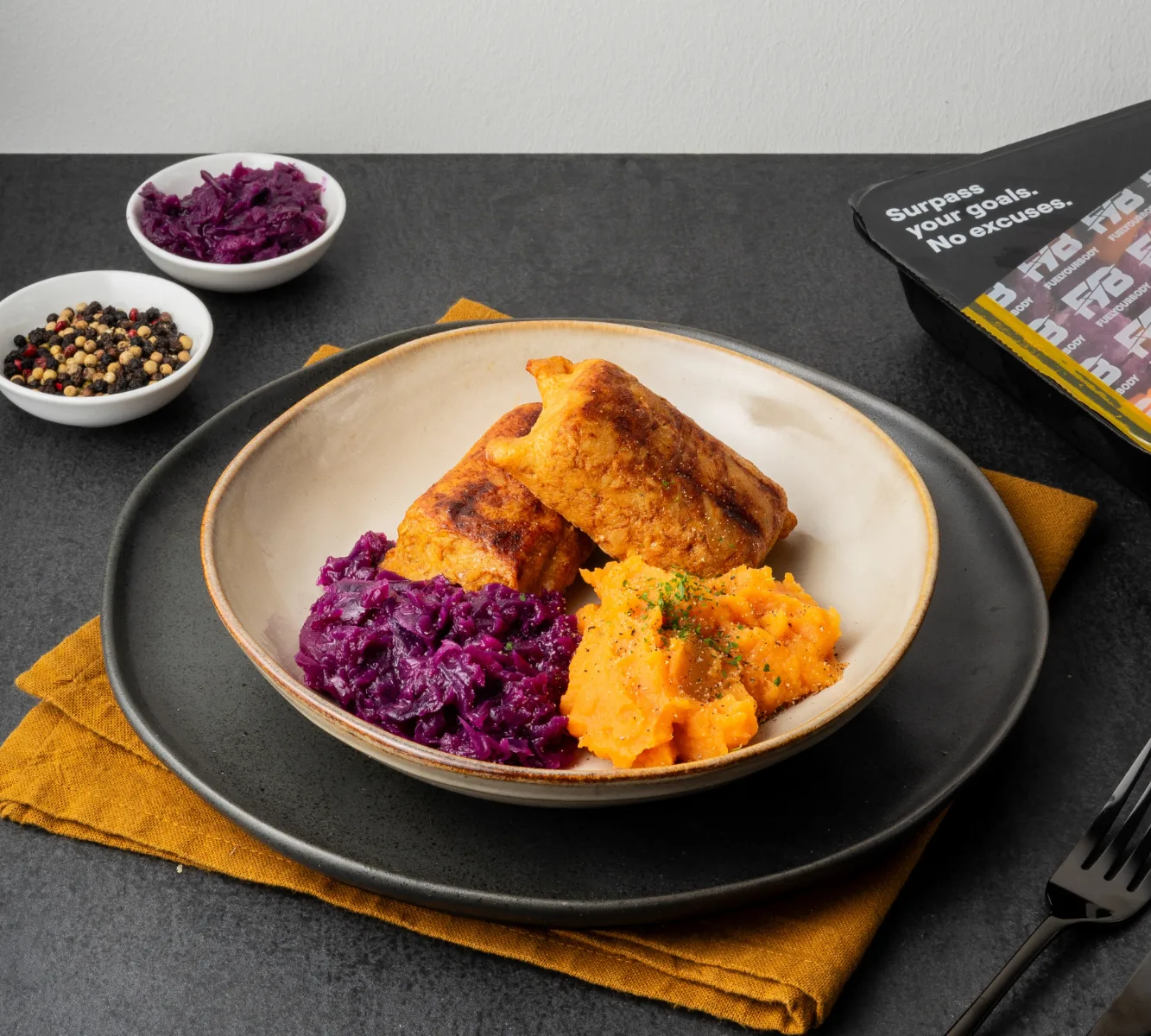 Sweet Potato Mash - Chicken Roll - Red Cabbage (with herbs)