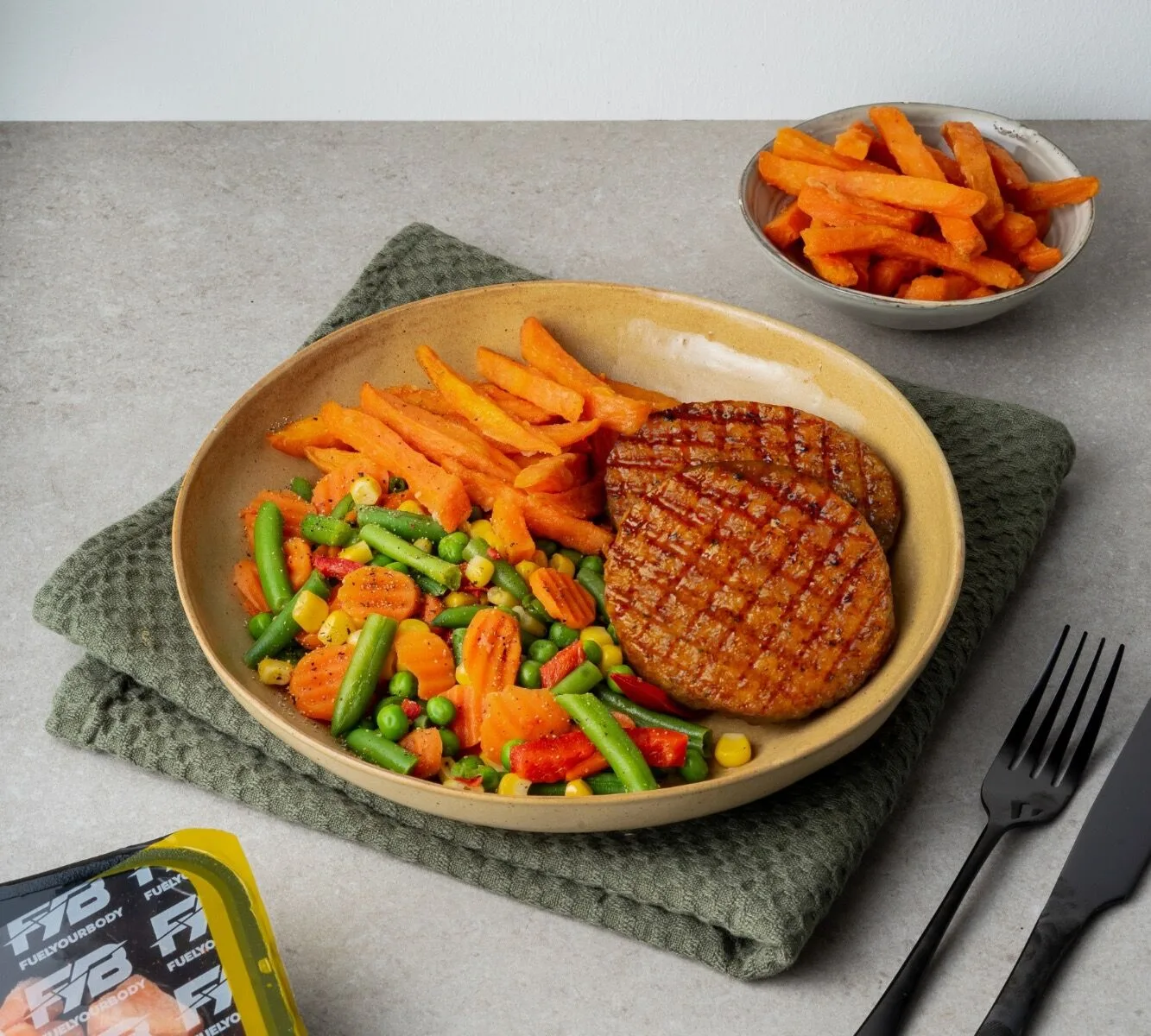 Sweet Potato Fries - Chicken Burger - Mexican Vegetable Mix (with herbs)