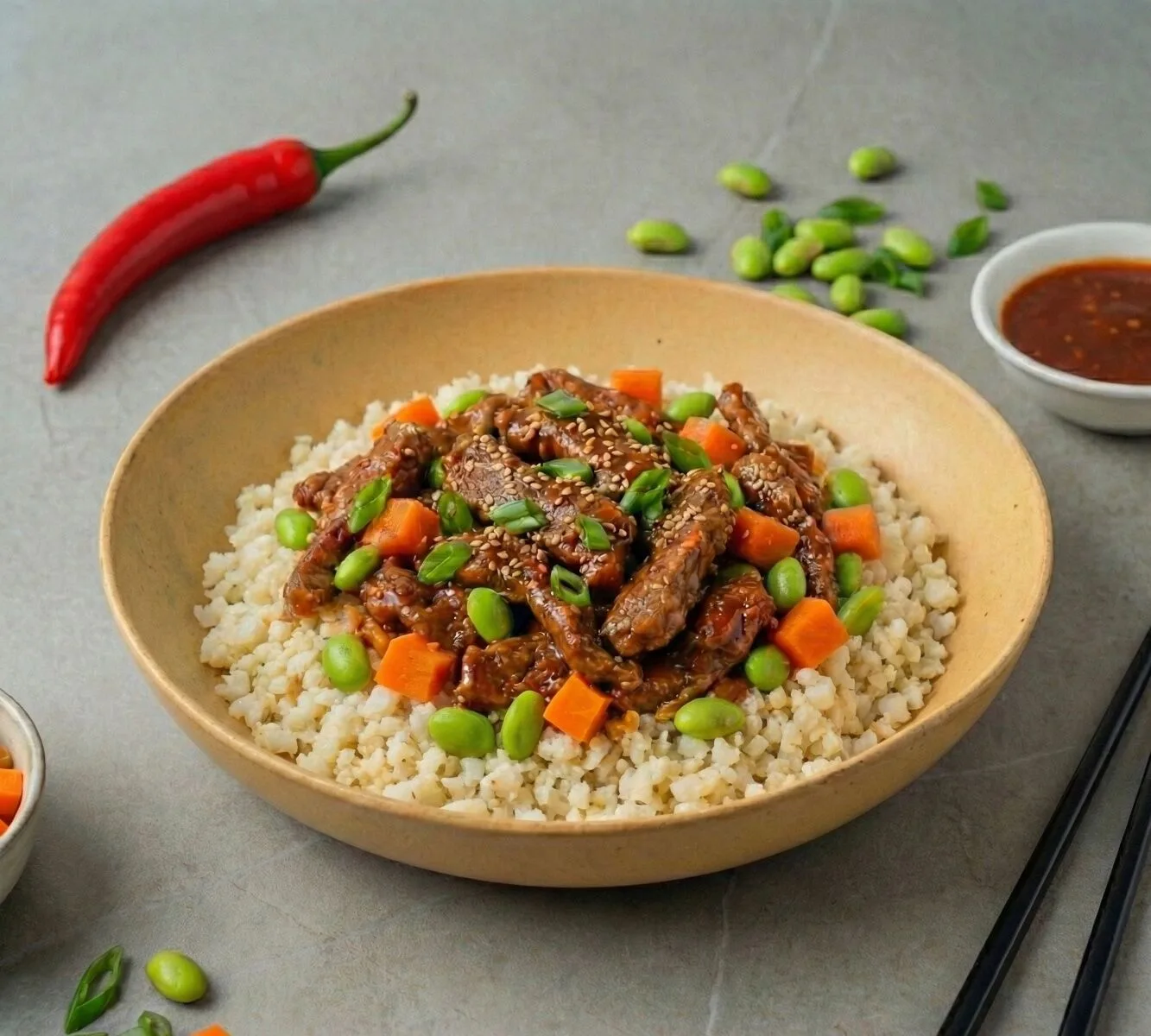 Heiße koreanische Rindfleisch-Blumenkohl-Reisschüssel [LOWCARB]