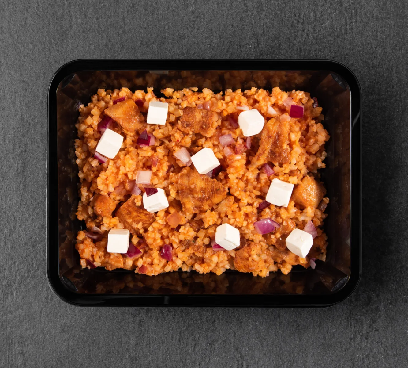 Blumenkohl Tomatenreis - Hähnchen Greek Style (rote Zwiebel & Feta) [LOWCARB]